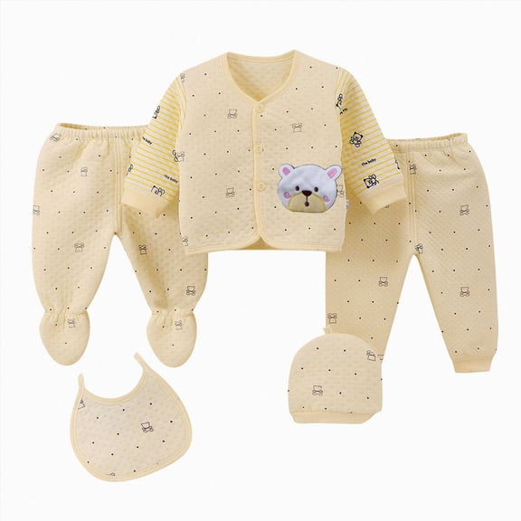 Splozh Preemie Clothes Boys 5PCS Newborn Infant Baby Boys Girls Cartoon Tops Hat Pants Bib Outfits Sleepwear Set,Yellow,0-3 Months