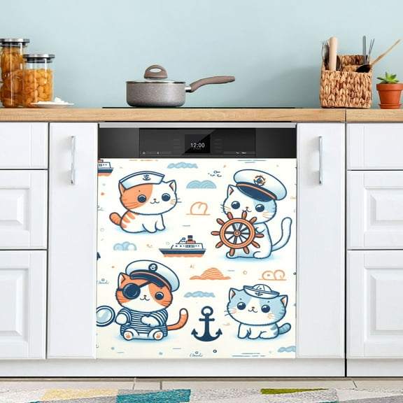 Cute Cat with Sailing Dishwasher Magnet Cover Magnetic Fridge Door Cover Home Kitchen Decor 23"x 26"
