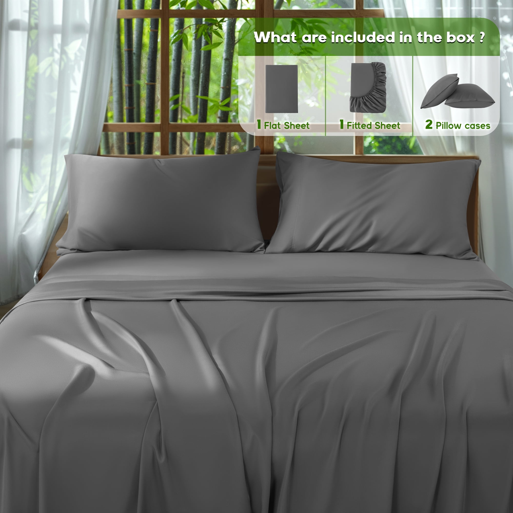Sonoro Kate Luxury Cooling Bamboo Bed Sheet Set - Deep Pockets - 4 Piece, Queen, Dark Gray