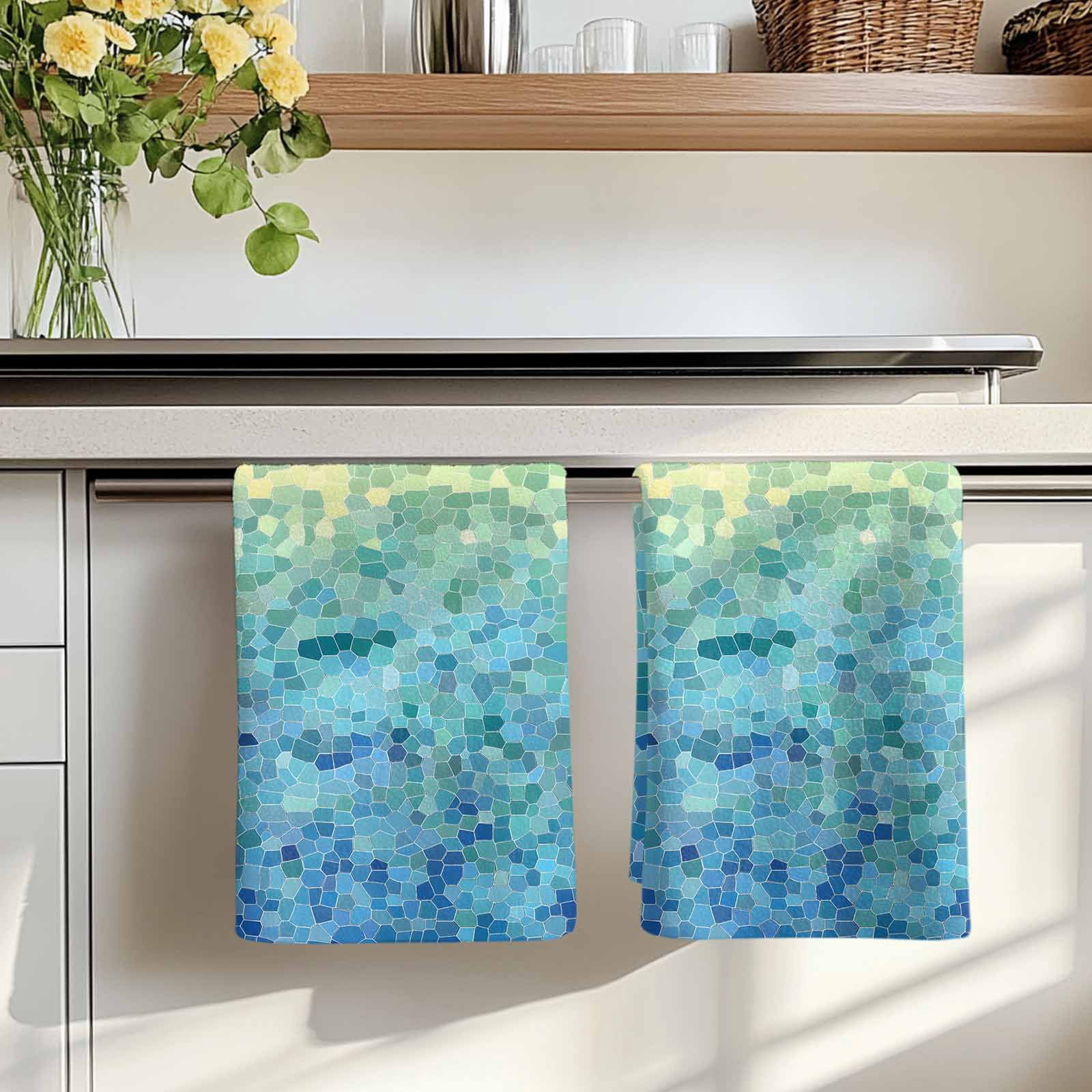 Turquoise Blue Teal Kitchen Towels Set of 2, Chic Stained Glass Texture Aesthetic Absorbent Dish Towels for Kitchen, Microfiber Hand Towel, Quick Drying Tea Towel for Cleaning Decorative Dishcloths