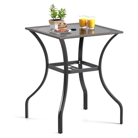 Patio Bar Table, 28.5 x 28.5 inch Outdoor Bar Height Dining Table with Rattan Edge & Heavy-Duty Metal Legs, 2 inch Umbrella Hole, Square Bistro Bar Table for Poolside, Backyard, Balcony