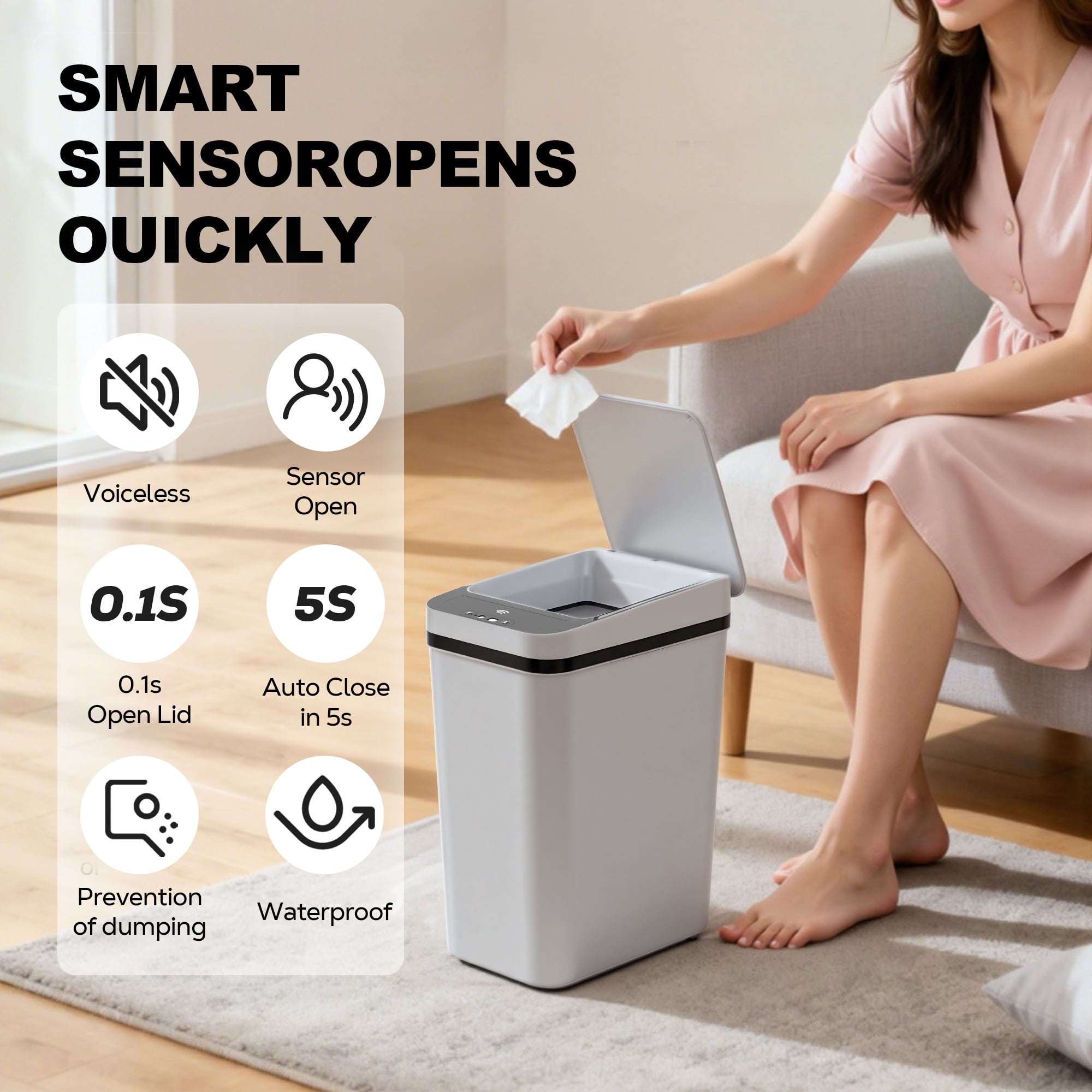Riousery 3.5 Gallon Touchless Trash Can, 2-Pack Motion Sensor Waste Bin with Lid, Gray