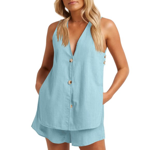Huvoen Womens Summer Holiday Two Piece Outfits Casual Shorts Set Sleeveless V Neck Button Down Tank Tops and Shorts Tracksuit Blue xl