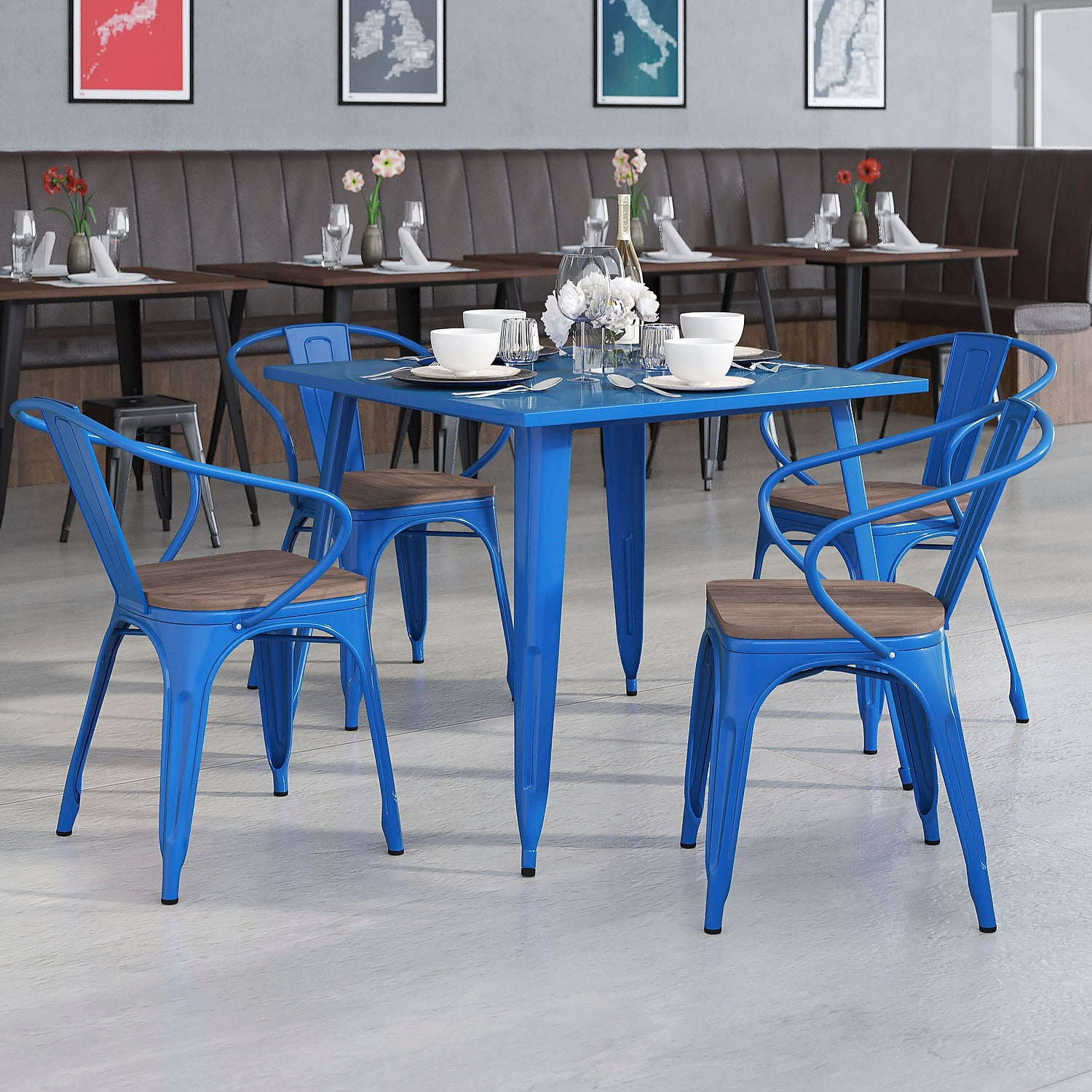 Flash Furniture 4 Pk. Blue Metal Chair with Wood Seat and Arms