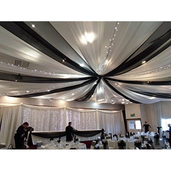 Black Sheer Ceiling Draping Curtain - Voile Chiffon Panel for Wedding - 10 Ft W X 45 Ft H