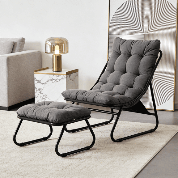 Black Outdoor Patio Lounge Chair with Ottoman & Grey Puffy Cushion, Recliner Sling Chair for Living Room