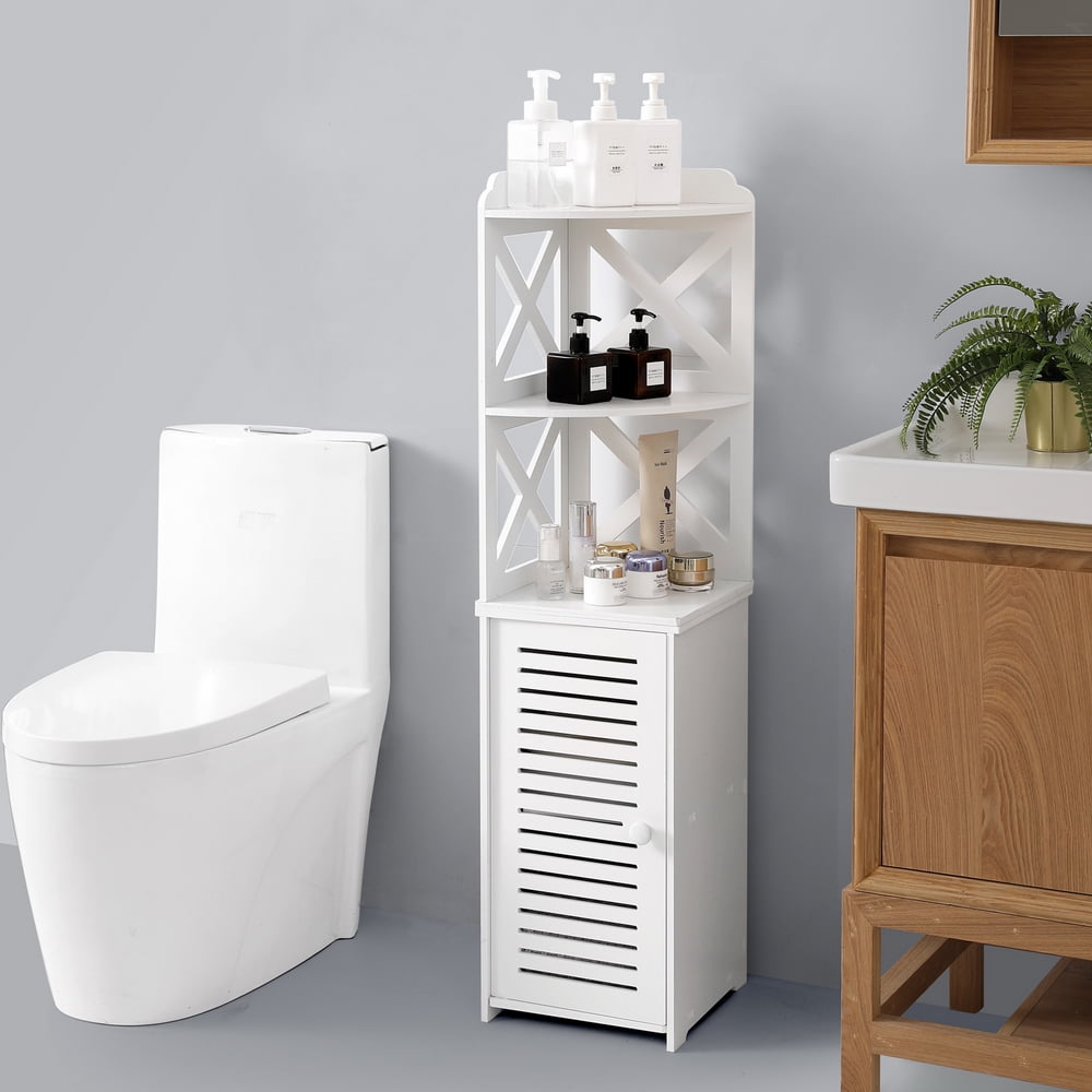 Kepooman Bathroom PVC Corner Floor Cabinet Storage Organizer with Single Doors & Shelves, White Kepooman Bathroom PVC Corner Floor Cabinet Storage Organizer with Single Doors & Shelves, White