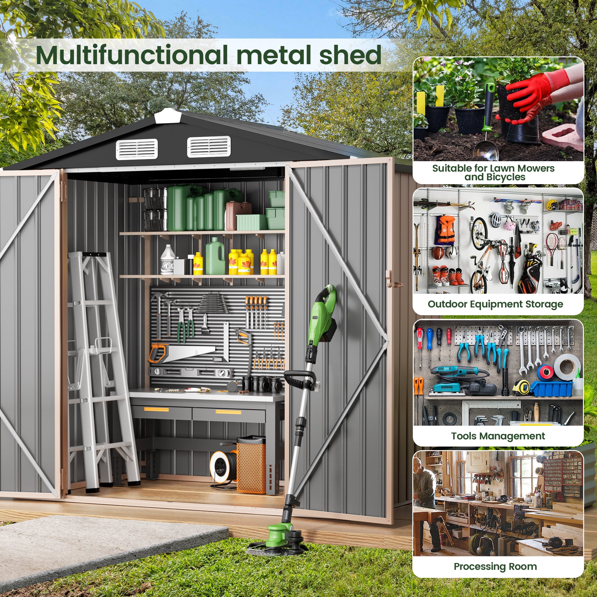 GVDV Metal Shed, 6 x 4 ft Metal Outdoor Storage Shed with Updated Frame, Lockable Doors & Waterproof, Brown