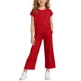 thumbnail image 2 of Maean Girl's 2 Piece Set Cap Short Sleeve Tops and Wide Leg Pants Sweatpant with Pockets Summer Outfits, 2 of 7