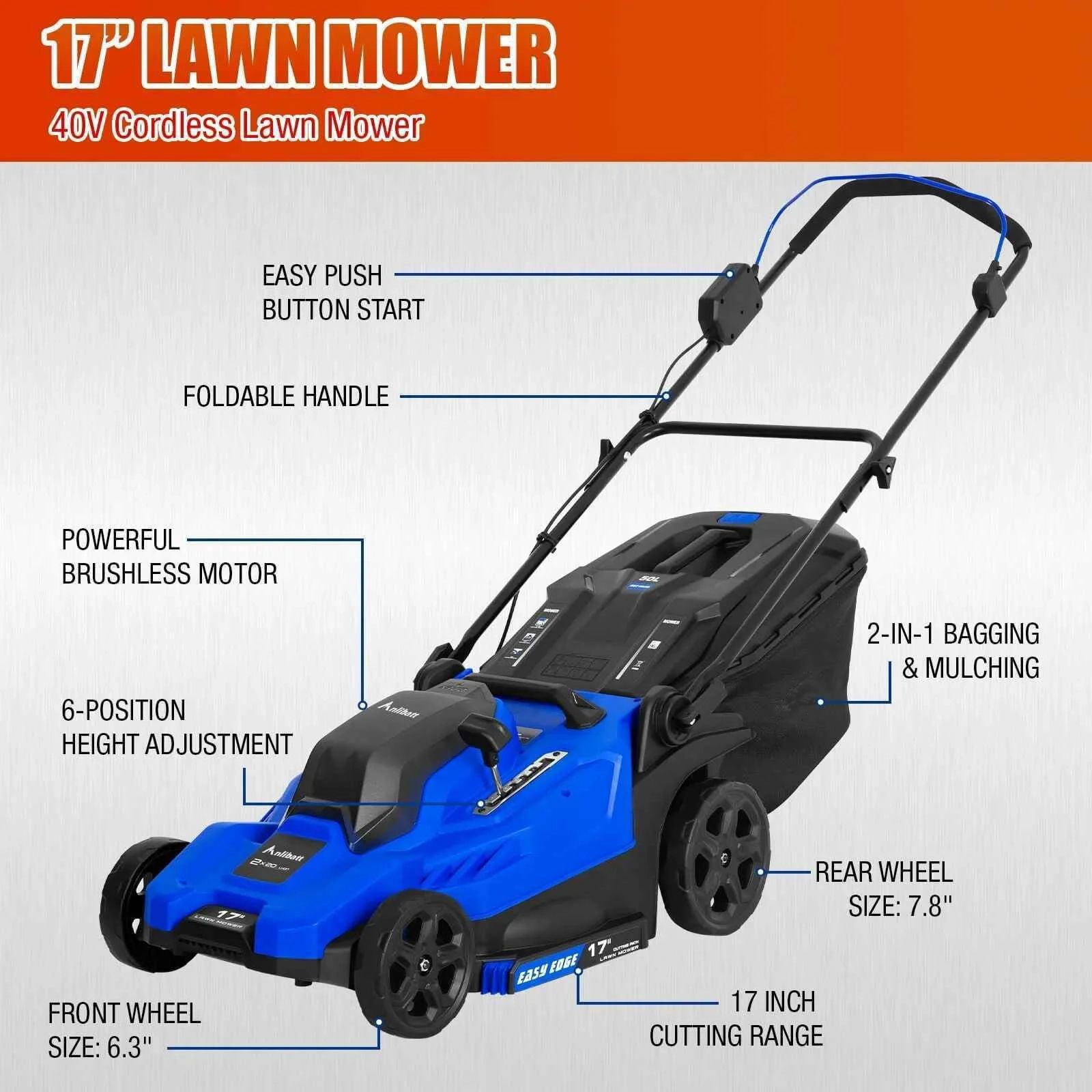 ANLIBATT Cordless Lawn Mower 17inch Electric Grass Cutter Walk-Behind Mower with Charger Combo Set 40V Brushless Battery Electric Lawn Mower Set