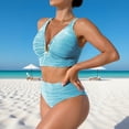 thumbnail image 4 of Levmjia Women's Two Piece Swimsuits Deep V Bikini Set Solid Color Tummy Control High Waisted Ruched Bathing Suits Beach Vacation, 4 of 8