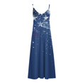thumbnail image 4 of PuLe Summer Women Fashion Sling Mid-waist V-neck Sleeveless Stripe Printing Slim Beach Long Dress, 4 of 5