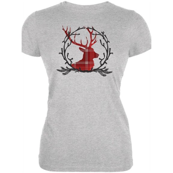 Christmas Buck Deer Antlers Plaid Juniors Soft T Shirt Heather 2XL