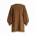 thumbnail image 4 of VEKDONE Suede Dress for Women Formal Tassel Crew Neck Suede Vintage Loose Fringe Puff Long Sleeve Western Cowboy Mini Dress Brown XL, 4 of 5