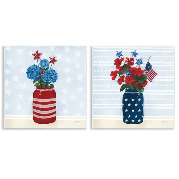 Stupell Industries Patriotic Stripes & Stars Florals Patriotic Painting Unframed Art Print Wall Art, 12 x 12, Set of 2