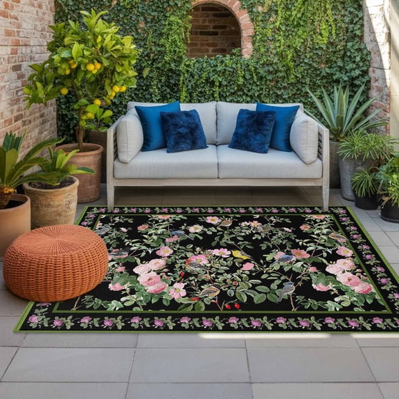 Outdoor Rug 3x5 ft Pink Floral Bird Outdoor Large Area Rug Non Slip Rubber Green Leaves Branches Black Front Door Mat RV Rug Camping Carpet Patio Outdoor Rugs for Backyard Balcony Deck Porch Indoor
