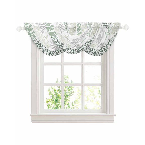 Sage Green Grey Coastal Waterfall Valances for Windows, Summer Beach Coral Shell Ocean Kitchen Sheer Valance Curtains, Rod Pocket Elegant Swag Valances for Living Room Bedroom, 47.2"x38.5", 3 Panel