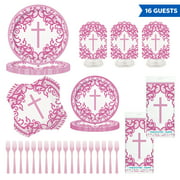Fancy Pink Cross Religious Party Supplies - Tableware Kit for 16 Guests