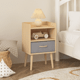thumbnail image 3 of Night Stand with Collapsible Fabric Drawer, Bedside Furniture End Table with 2-Tier Open Storage Shelf, Small Standing Organizer with Solid Wood Legs for Bedroom, Office, Living Room, Oak, 3 of 9