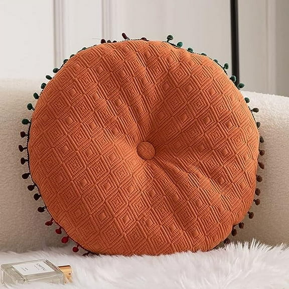Namzi Geometric Pattern Soft Round Chair Pad with Gradient Pom Pom Chair Cushion Garden Patio Home Kitchen Office Seat Cushion (Orange,Diameter 16")