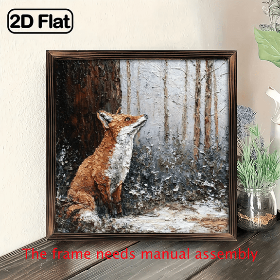 2D Flat, 1pc Rustic Winter Fox Wall Art - 8x8 Inch Woodland Animal Theme Framed Painting, Farmhouse Modern Decor with Snowy Forest Scene, Premium Plywood Wood Frame for Living Room, Bedroom, Offic