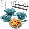 thumbnail image 1 of Enameled Cast Iron Cookware Set, 9-Piece Set Nonstick Ceramic Dutch Oven Stove Pots, Skillet, Pans, Lids，Storage Rack and Lid Holder, Oven Safe & Compatible with All Stovetop, Teal Ombre, 1 of 15