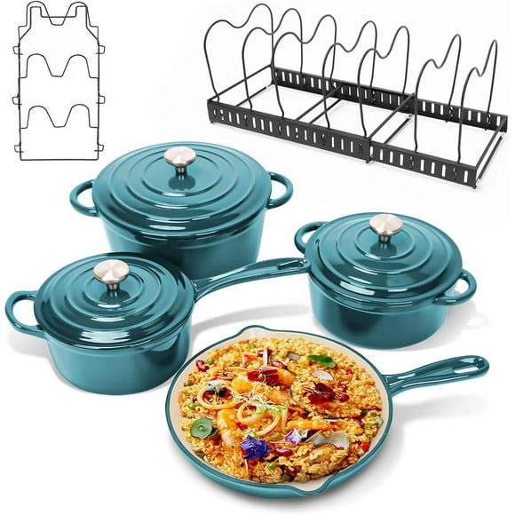 Enameled Cast Iron Cookware Set, 9-Piece Set Nonstick Ceramic Dutch Oven Stove Pots, Skillet, Pans, Lids，Storage Rack and Lid Holder, Oven Safe & Compatible with All Stovetop, Teal Ombre