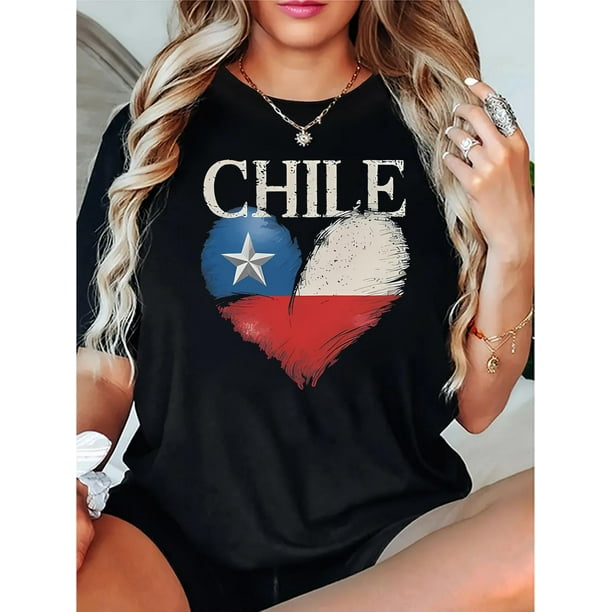 Women Crewneck Print Short Sleeve T-Shirts Summer Tees Loose Fit Graphic TopsChile Flag Heart Print T-Shirt for Women - Casual Polyester Knit Fabric, All-Season Comfort, Round Neck, Short Sleeve, S