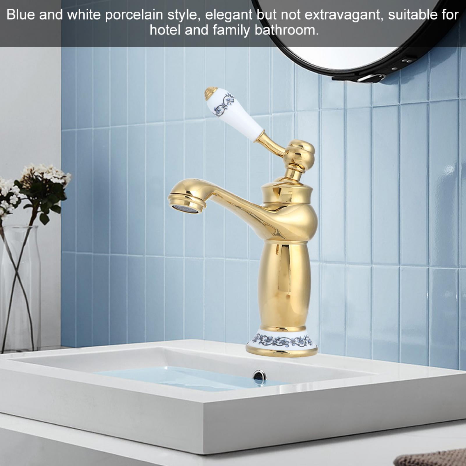 BIMZUC Stylish Antique Gold Brass Basin Faucet Hot and Cold Water Tap for Bathroom Vanity Sink with Double Hose Installation Kits, Premium Electroplating Surface, 7.3 inches / 18.5 cm Height