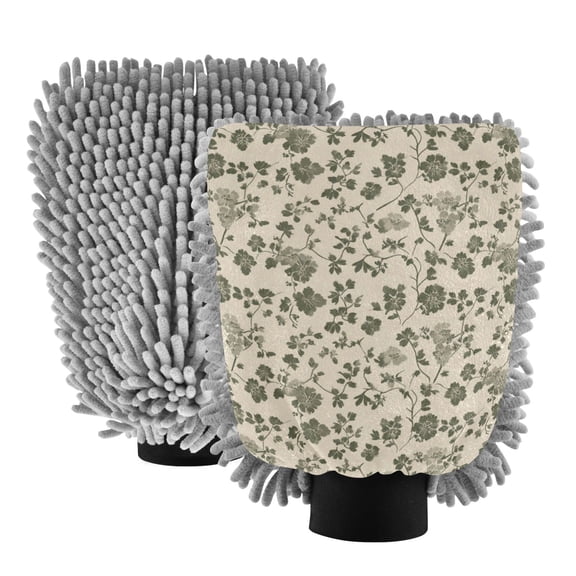 Microfiber Car Wash Gloves With Chenille & Polyester Terry Scratch-Free Cleaning Elastic Cuffs Small Olive Green Flower