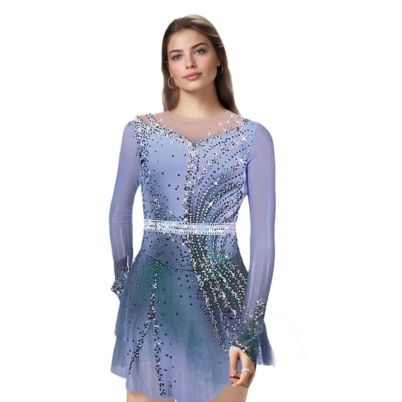 LIUHUO Custom High Elasticity Spandex Ice Skating Dresses Women Girls Gradient Colors Purple Pink Blue Orange Long Sleeves Diamond Embellishments