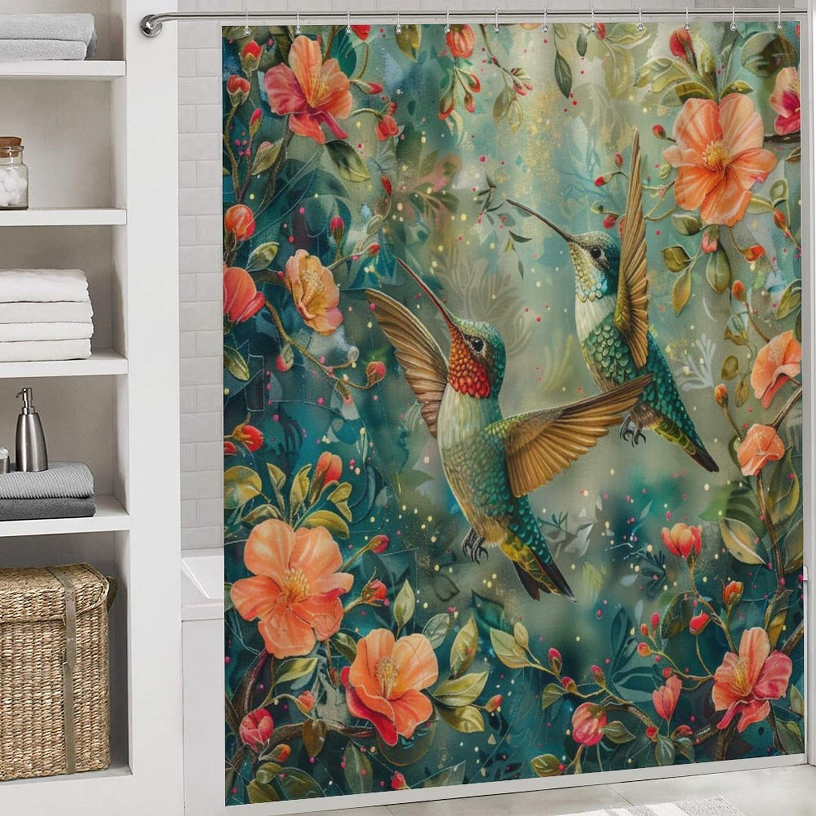 4Pcs Rustic Floral Hummingbird Shower Curtain Sets, Bathroom Decor Set with Rugs, Bath Mat Classic Asian Nature Botanical Shower Curtain, 72 X 72 Inch