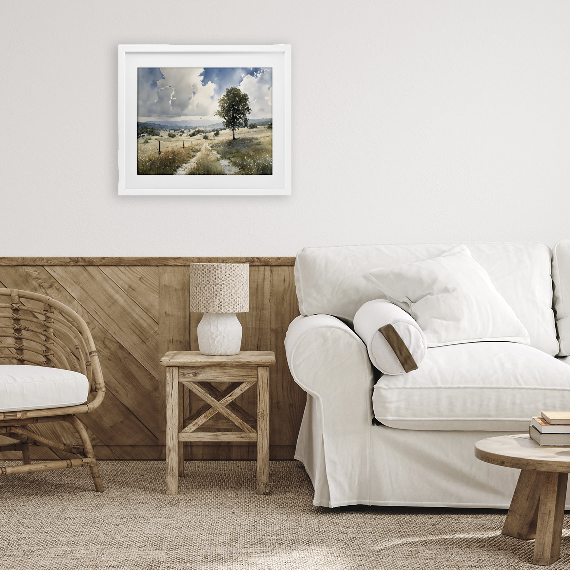 Stupell Industries Wagon Road Through Meadow White Framed Print Under Glass, design by Franklyn Gregory
