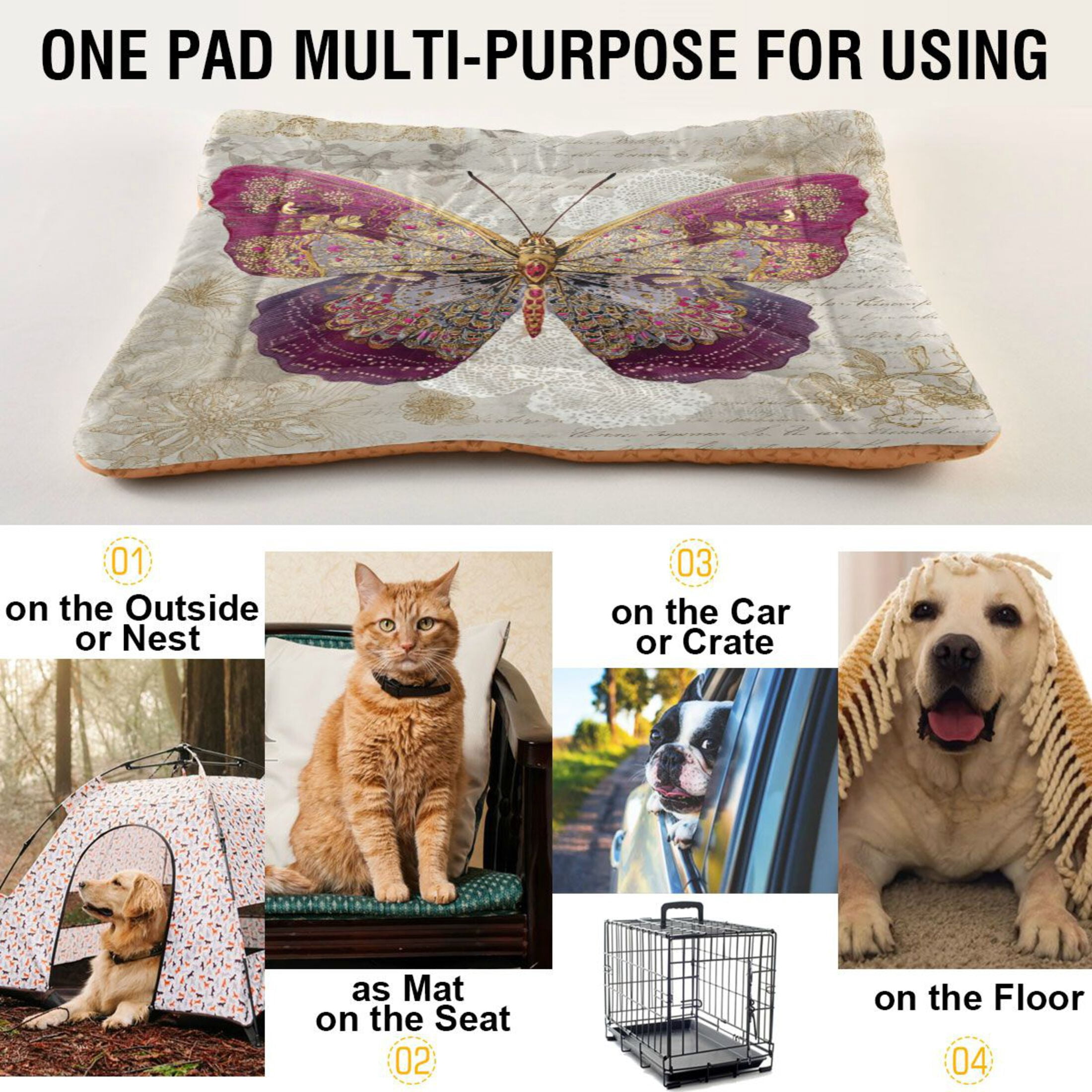Qxltty Dreamy Butterfly Ped Pad Wear-resistant and Hard to Bite Through Sleeping Pad for Small Medium Large Dogs Winter Pet Bed 36×24in