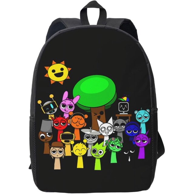Sprunki Game Backpack Large Capacity Laptop Backpack Travel Backpacks For Unisex 17in Style 9. A black polyester backpack with a colorful cartoon design featuring various characters, including a tree and a sun. It has a main compartment, a front zipper pocket, two side mesh pockets, and adjustable shoulder straps for ergonomic comfort. Ideal for school, work, travel, and outdoor activities.