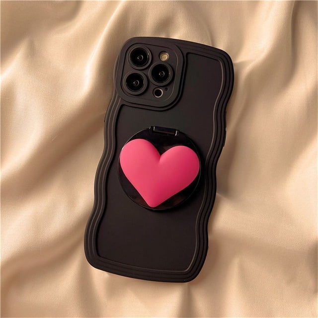 Funda negra con espejo para iPhone, carcasa trasera suave con diseño de corazón de amor en 3D, estilo coreano, con correa de mano, para iPhone 14, 13, 12, 11 Pro, Max, XS, X, XR Fivean unisex
