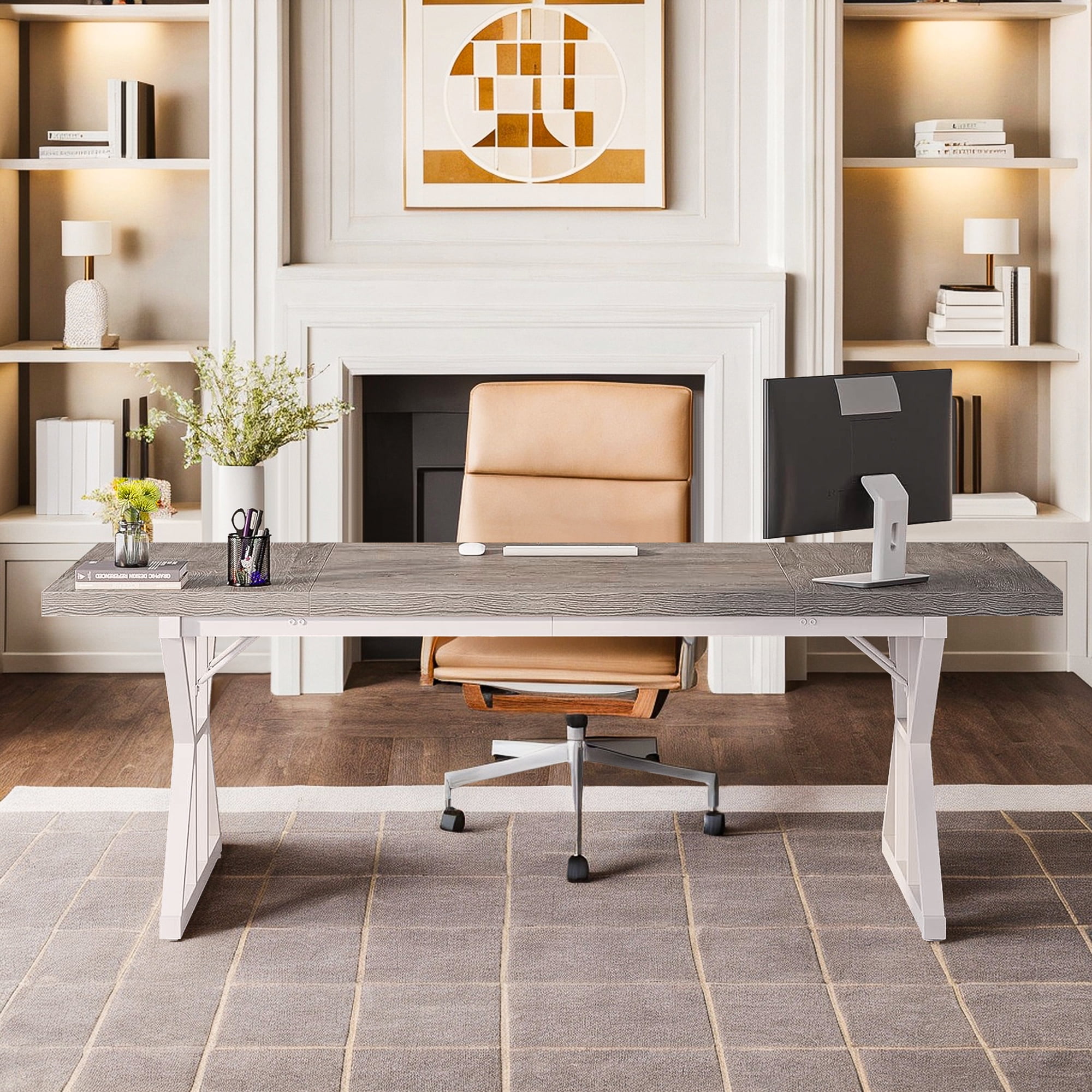 Demi Bonn 71" Farmhouse Dining Table, Wood Rustic Kitchen Table for 6 People, Large Rectangular Dinner Table for Dining Room, Home Office, Living Room Furniture, Gray & White