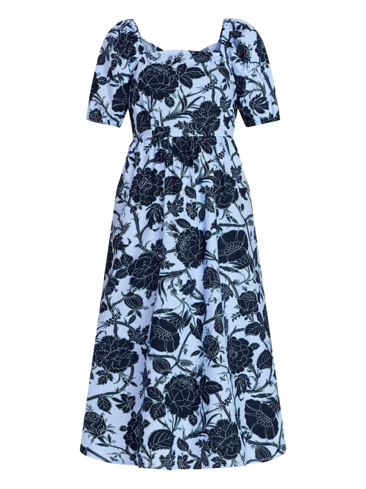Time and Tru Women's and Women's Plus Cotton Back Tie Midi Dress with Short Puff Sleeves, Sizes XS-4X