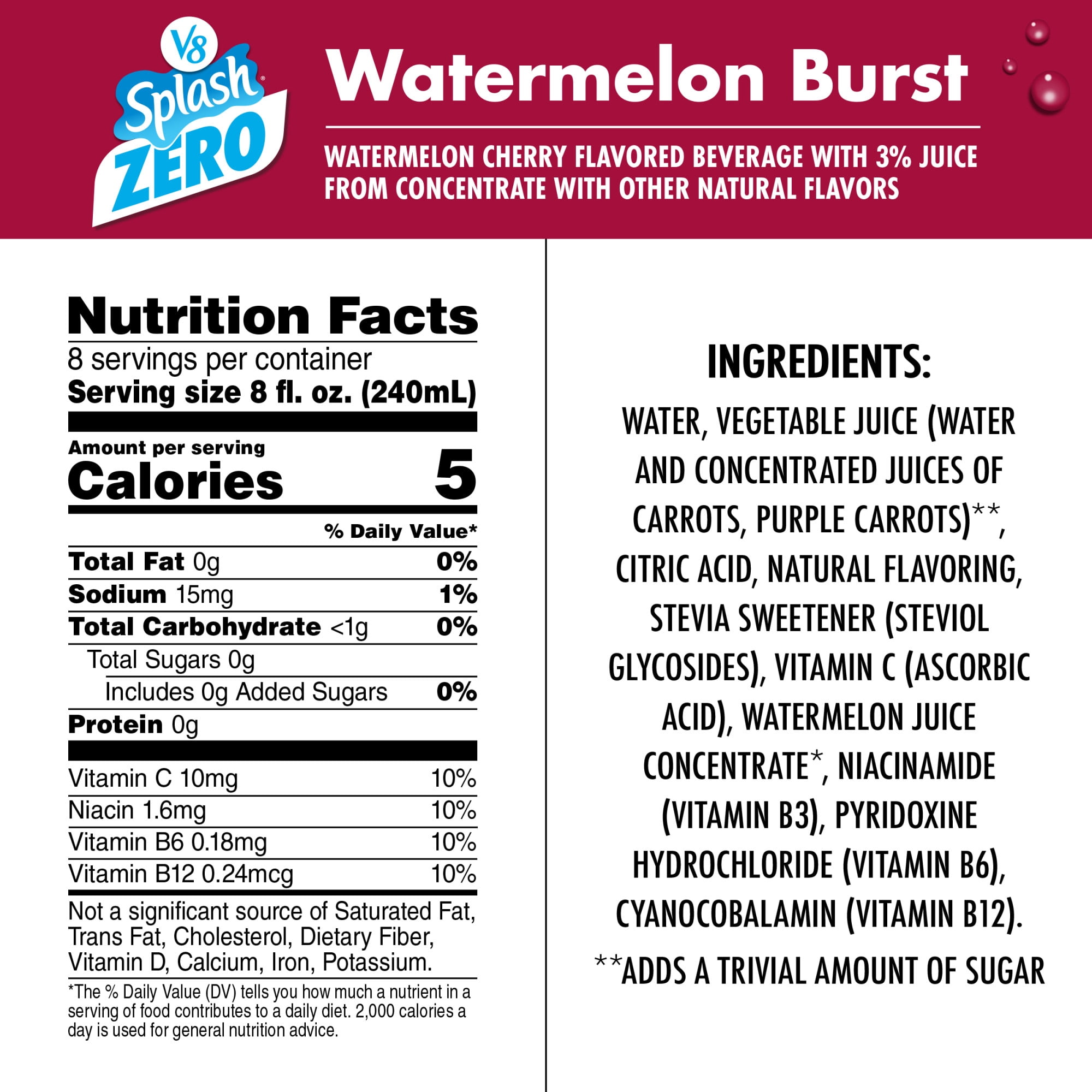 V8 Splash Zero Sugar Watermelon Burst Flavored Beverage, 64 fl oz Bottle