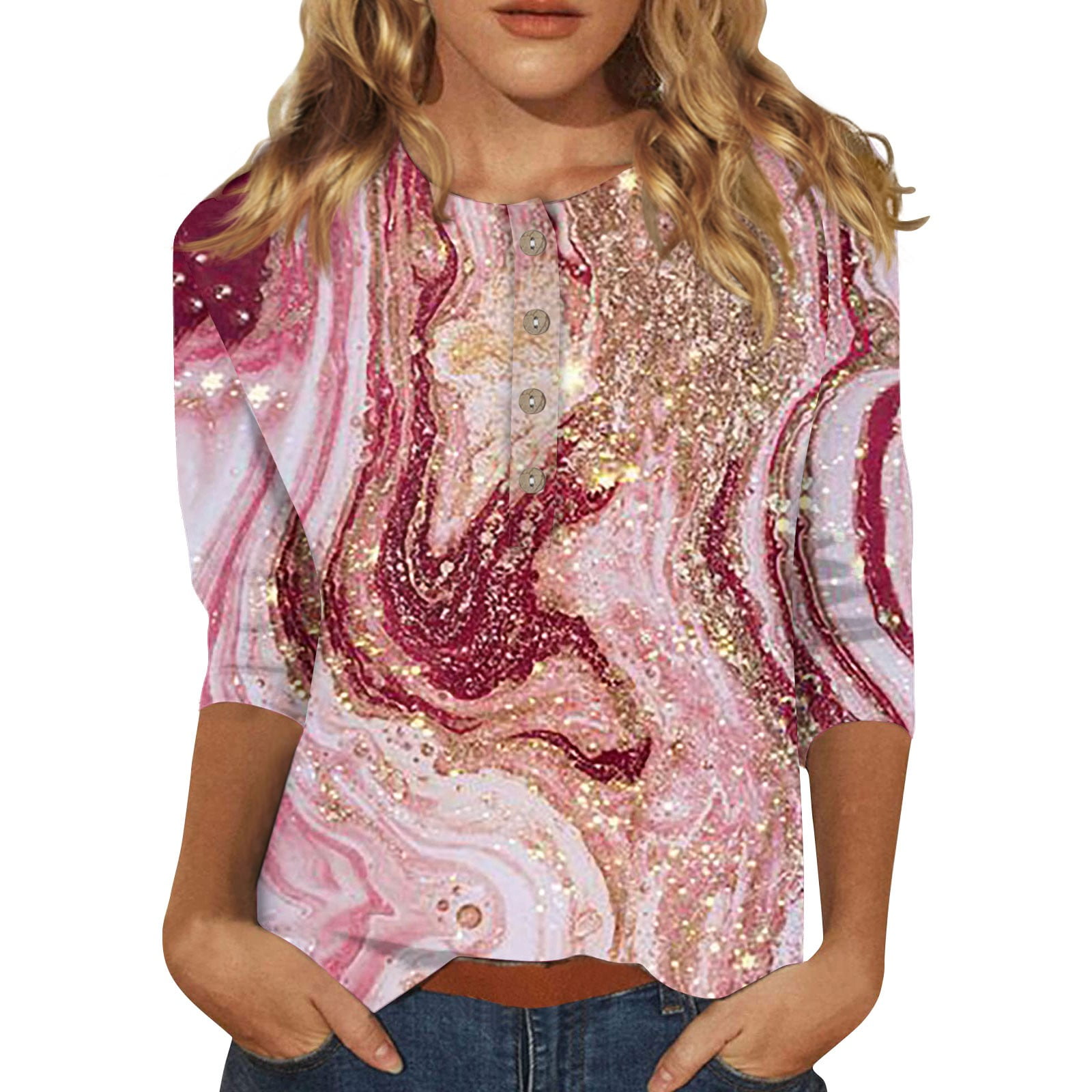 Sksloeg Womens Blouse Plus Size Tops and Blouses, Womens Casual Tops,  Women's V-Neck Floral Print Tunic Tops Button Lace Short Sleeve Tops  T-Shirt Blouse,Rose Gold M 
