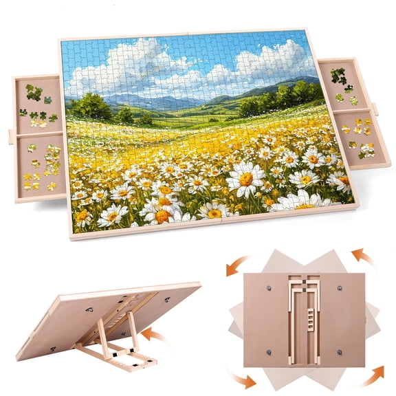 KALNUR 1500 Pieces 2-in-1 Tilting & Rotating Puzzle Board for Adults Gifts, Wooden Jigsaw Puzzle Table with 2 Drawers, Portable Board with Lazy Susan and Cover, 25.2" x 34.2"