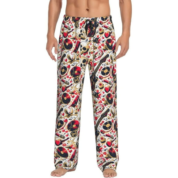 Logiee Guitar Skull rock Print Pajama Pants for Men,Men’s Pajama Bottoms,Mens PJ Pants with Pockets & Button Fly-Small