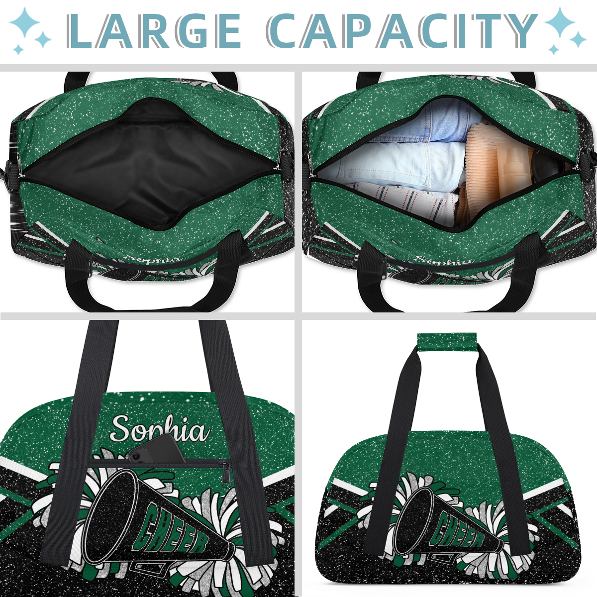 Jiaoprinted Personalized Cheer Bag for Women, Custom Sport Duffel Bag with Name, Customized Gym Bag, Weekender Overnight Bag, Cheerleading Gifts, Black Green Glitter