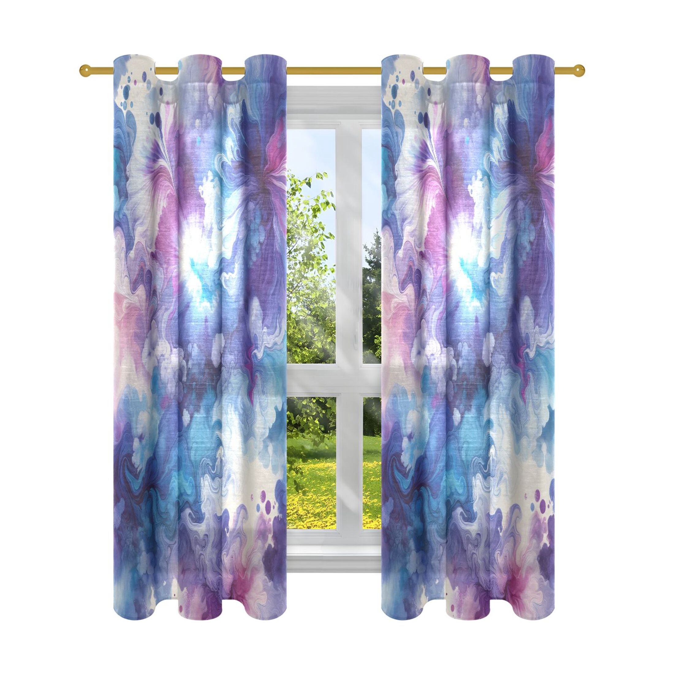 Blue and Purple Marble Faux Linen Curtains Semi Sheer 2 Panels Voile Sheer Drapes for Office Living Room 63x42in