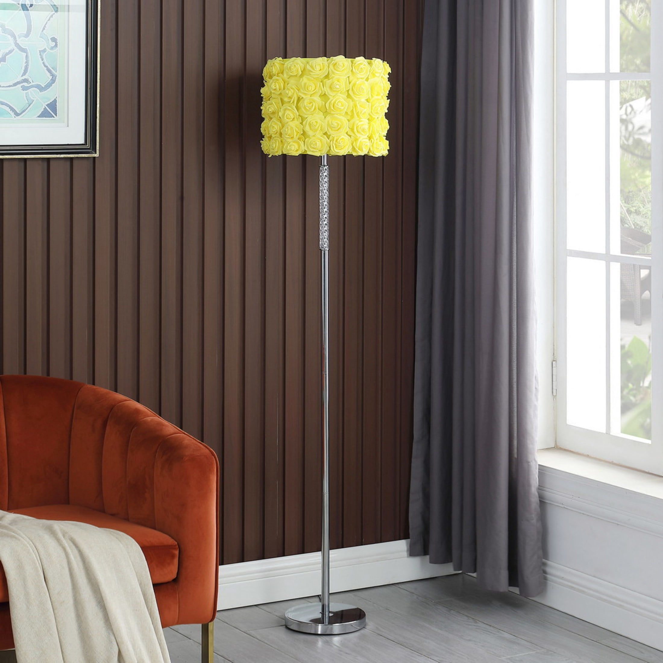 Noble House 63" Roses Floor Lamp, Twisted Acrylic Body, Drum Shade, Step-On Switch, Chrome Base, Yellow
