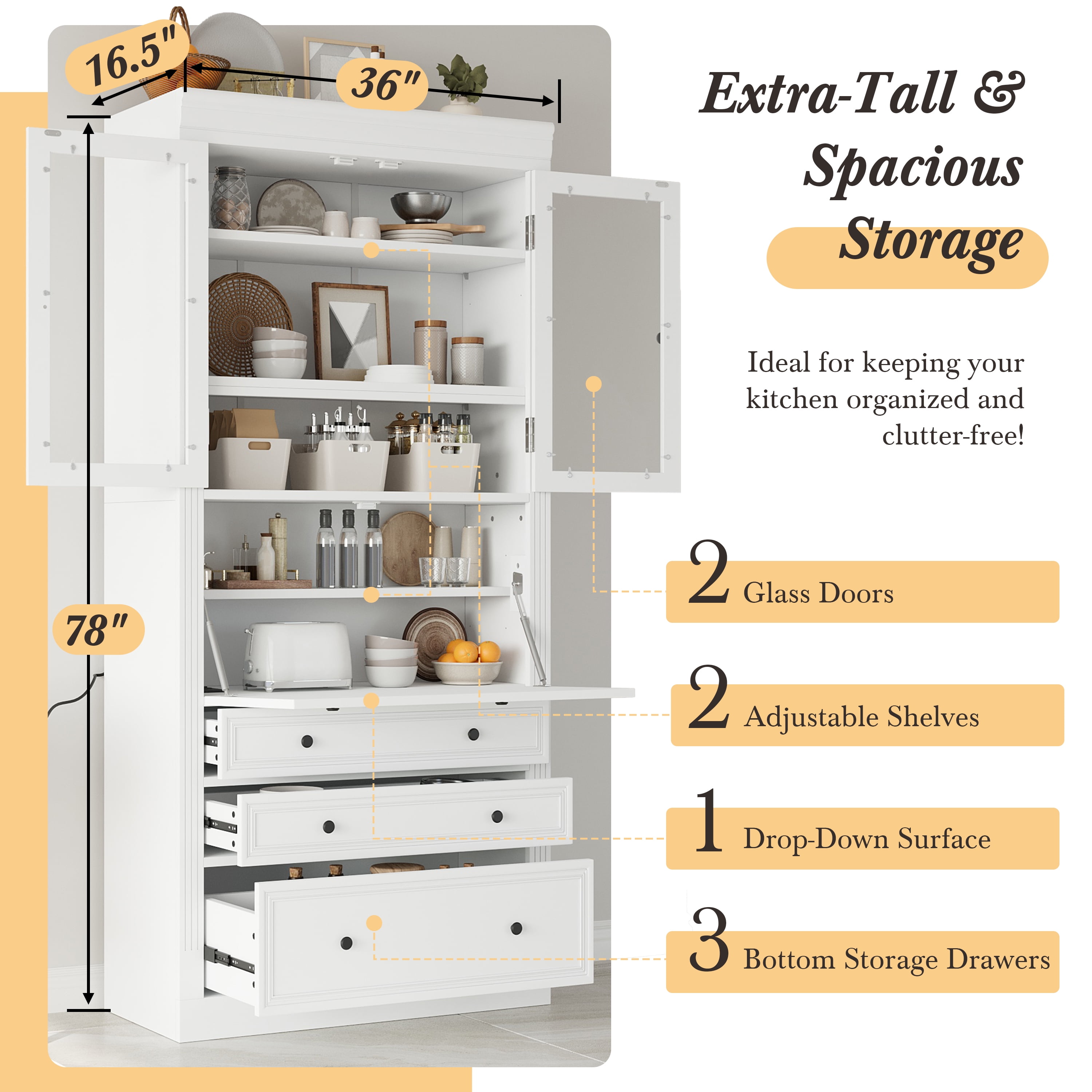 Euroco 36x16.5x78inch Freestanding Kitchen Pantry Storage Cabinet,Multifunctional Cupboard with 3 Drawers,Adjustable Shelves and Power Outlet for Dining and Living Room,White