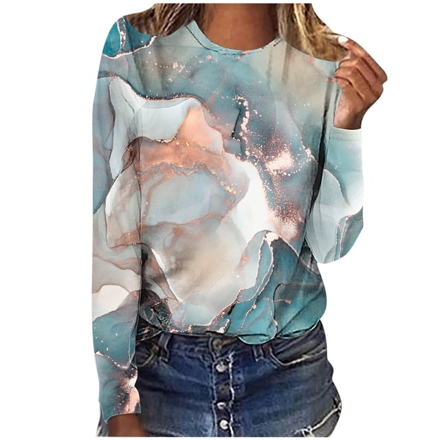 Pisexur Women's Plus Size Tops Floral Patchwork Color Block Tunic Round Neck Long Sleeve T Shirts Striped Causal Blouses Tops
