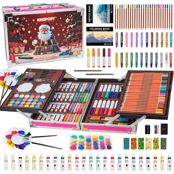 KINSPORY 139 pack Deluxe Portable Double Layers Coloring Drawing Kit with Sketch Pads, Art Set Gift for Artist Adults Beginners Kids (Red)