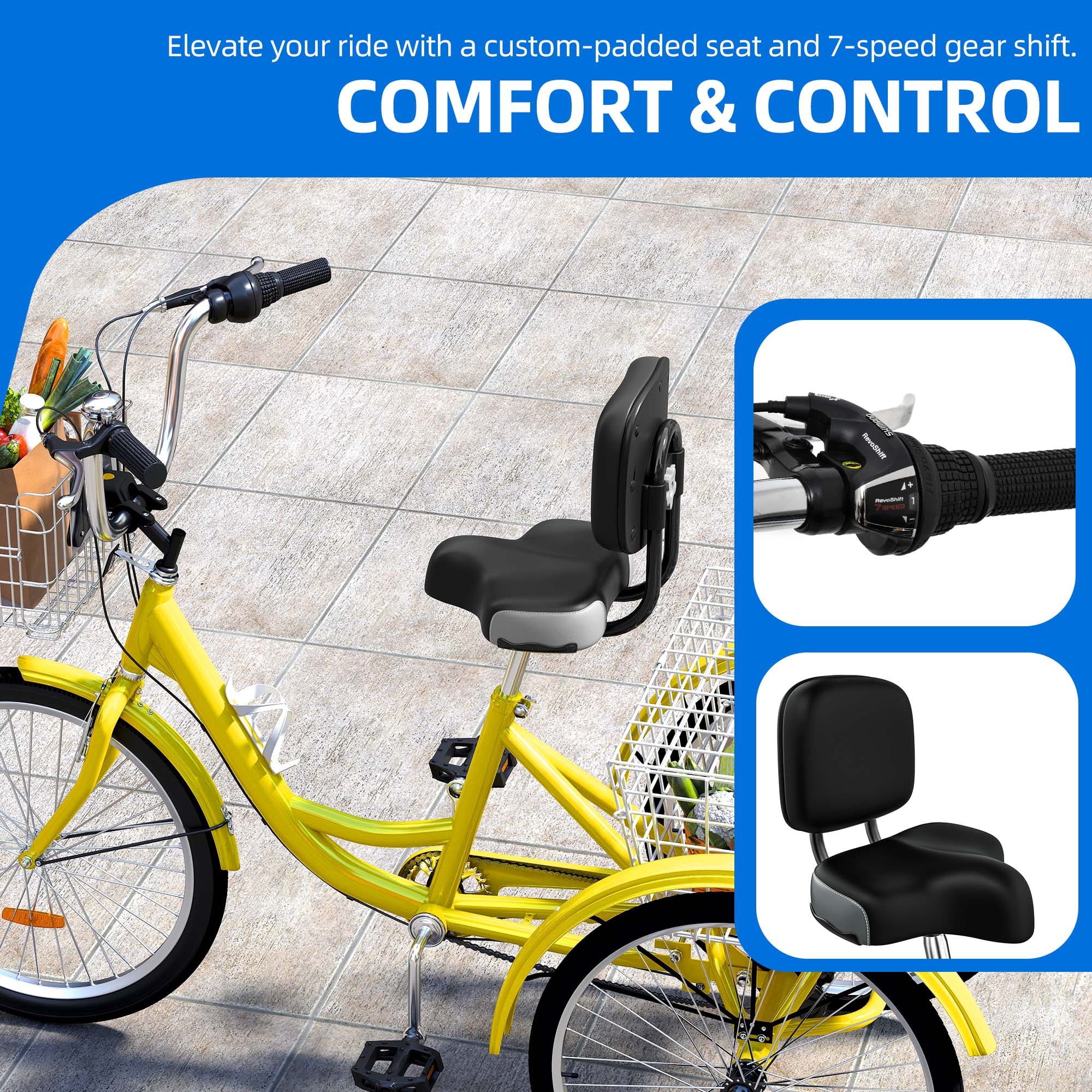 Uforic Adult Tricycle, 26 Inch 7 Speed Three Wheel Bike, Cruiser Trike with Large Seat Backrest for Men Senior Women, Yellow