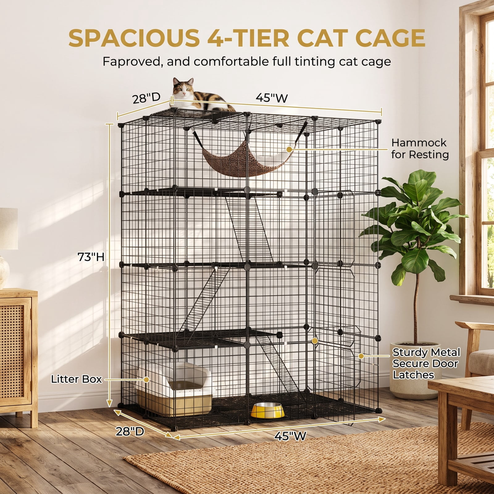 Vebreda Large 4-Tier Cat Cage with Skylight and Hammock for 1-4 Cats, Metal Wire Pet Playpen with Ladders, Lockable Doors and Anti-Tip Kit, Black